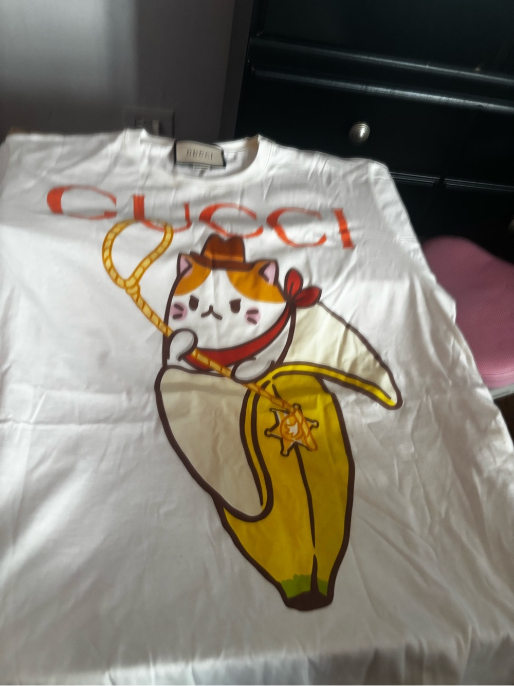 Gucci White Tee with Colorful Cat-in-Banana Graphic